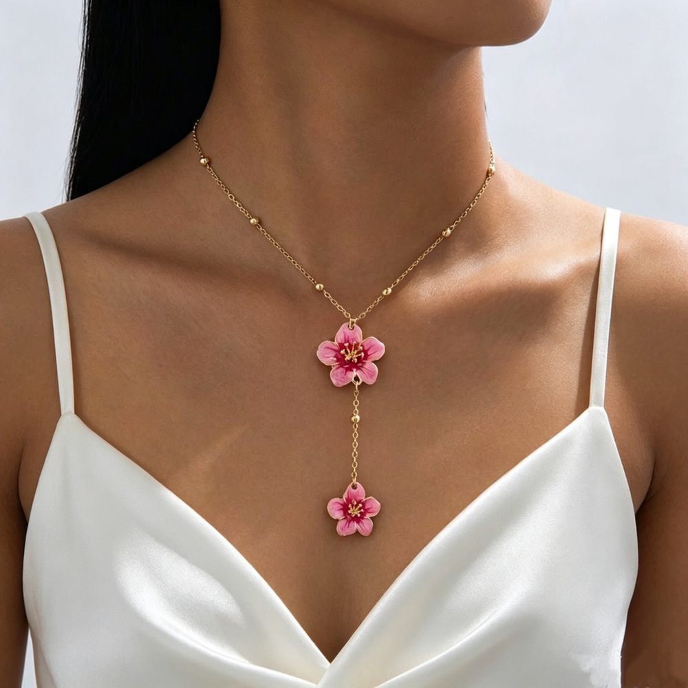 Pink Floral Drop Necklace in Gold